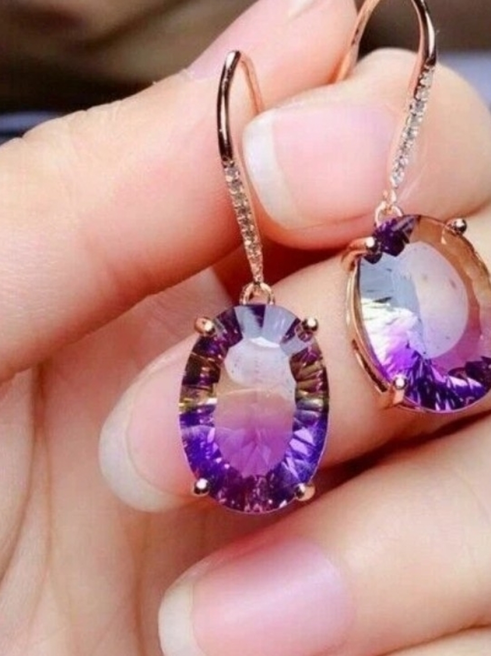 Rose Gold Purple Gradient Crystal Drop Earrings - Women Jewelry - Picture 2 of 3